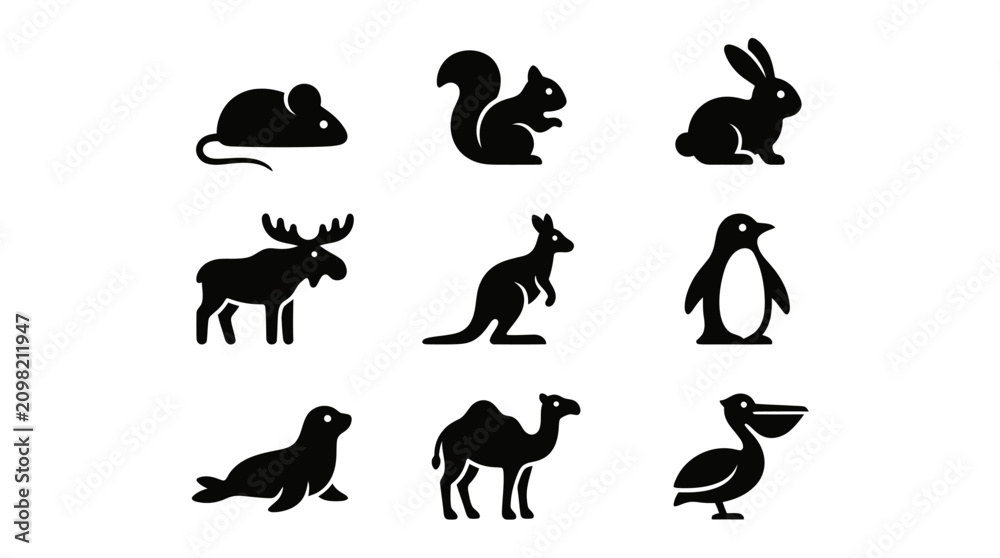Obraz premium Diverse mammal and bird silhouettes for nature design projects.