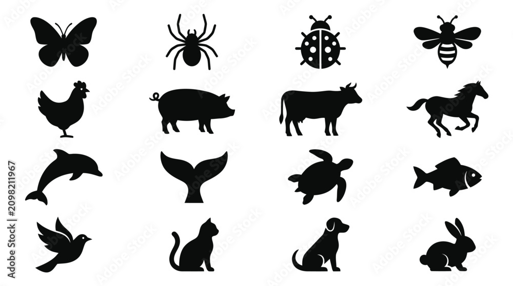 Obraz premium Domestic and wild animal silhouettes for farm and nature themes.