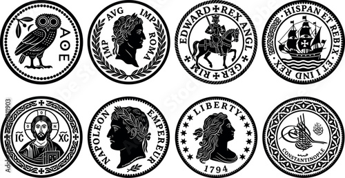Принти на полотні Ancient gold coin silhouettes set featuring historical roman emperor profile gre