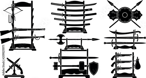 Tableau sur toile Ancient and medieval weapon rack silhouette vector collection featuring antique
