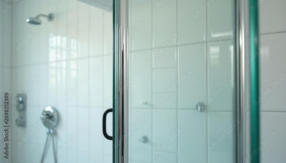Fototapeta premium Modern shower cubicle with transparent glass door, shiny metal frame. White tiled bathroom walls feature chrome showerhead hardware, wall mounted water controls. Clean bright home interior design