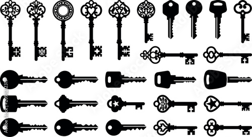 Bild auf Leinwand Collection of antique skeleton keys and modern house door key silhouettes ornate