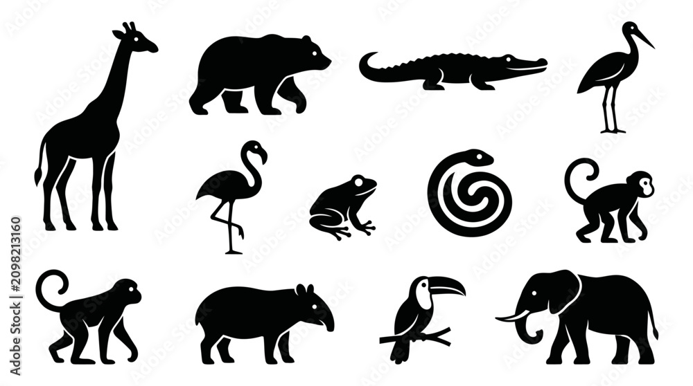 Fototapeta premium Silhouette icons of various African and jungle wild animals.