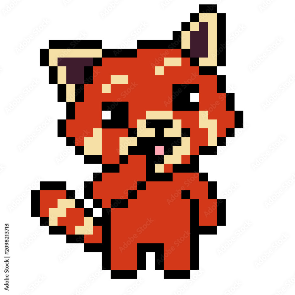 Fototapeta premium 8 bit Pixel art red panda character giggling and covering mouth 