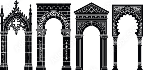 Cuadro en lienzo Historical architectural arch silhouettes set featuring classic Gothic Romanesqu