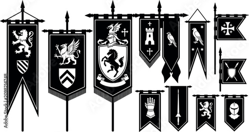 Fotografie Medieval heraldic flags and royal kingdom banner silhouettes set featuring lion