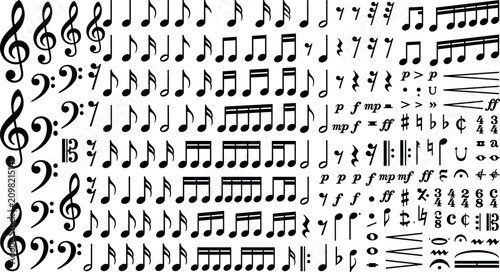 Bild auf Leinwand Musical notes and notation symbols silhouette mega bundle including treble clef
