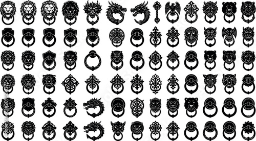 Foto Vintage door knocker silhouette vector collection featuring gothic lion heads dr