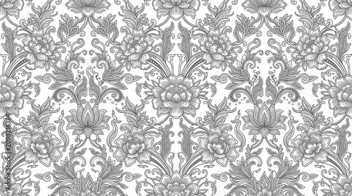 Foto Seamless grayscale floral pattern with intricate baroque scrollwork and stylized flowers