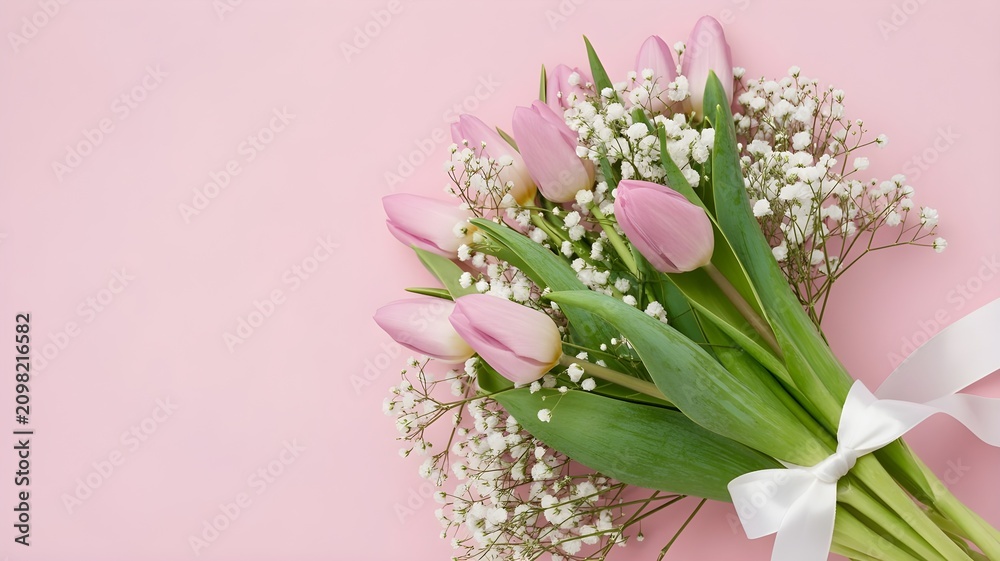 Obraz premium Beautiful bouquet of pink tulips and babys breath flowers tied with a white ribbon on a soft pink background, top view with copy space