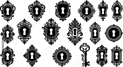 Vintage keyhole escutcheon plate silhouettes set classic antique hardware and ornate baroque keys for secret room escape game design assets