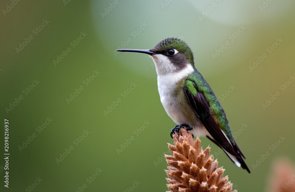Fototapeta premium Small Anna hummingbird perches on brown pine cone tip. Bird shiny green feathers with white chest, long sharp beak. Tiny wild creature sits outdoors in park forest. Green bokeh background creates