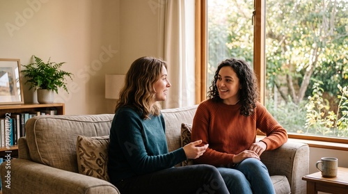 Two young women friends talking and laughing together on a comfortable sofa in a bright living room with a large window