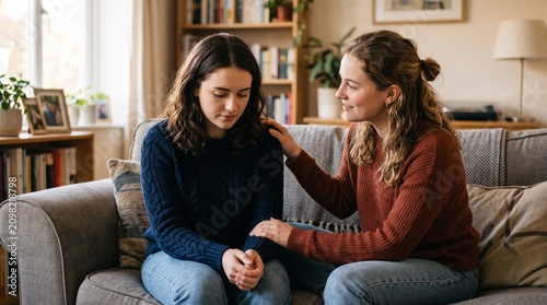 Woman comforting her sad friend on the couch with a supportive hand on her shoulder