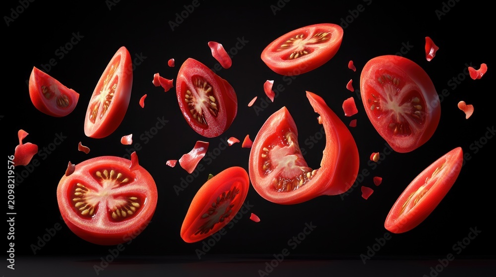 Fototapeta premium Sliced tomatoes in mid-air, vibrant red slices and pieces against a black background