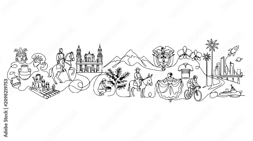 Obraz premium Latin American Culture and Modernity: Line Art Collage of Traditions and Progress