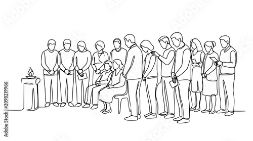 Grief and Mourning: A Line Art Drawing of People at a Funeral Service with a Candle