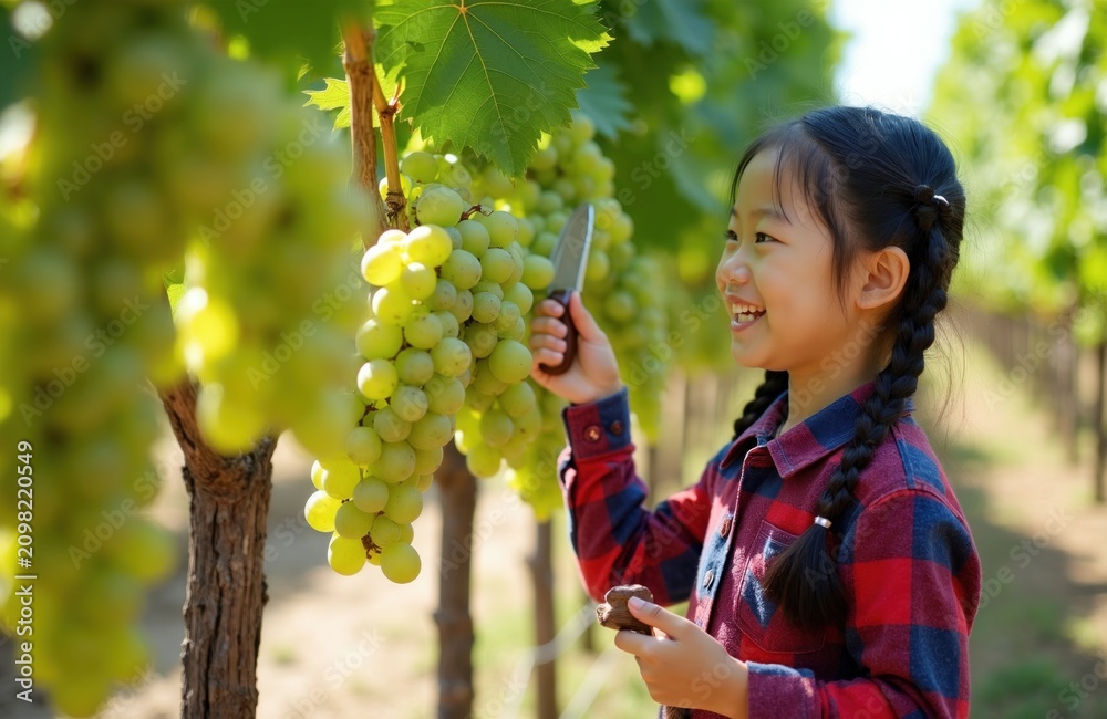 Obraz premium Asian girl with braided hair wears plaid shirt. She holds knife, selects bunch of green grapes on vine. Child smiles happily while working on family vineyard farm.