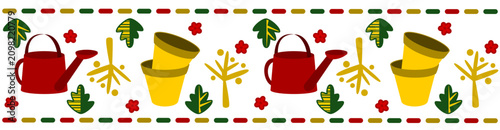 Cute gardening set, pop art style illustration with garden tools, potted plants and flowers