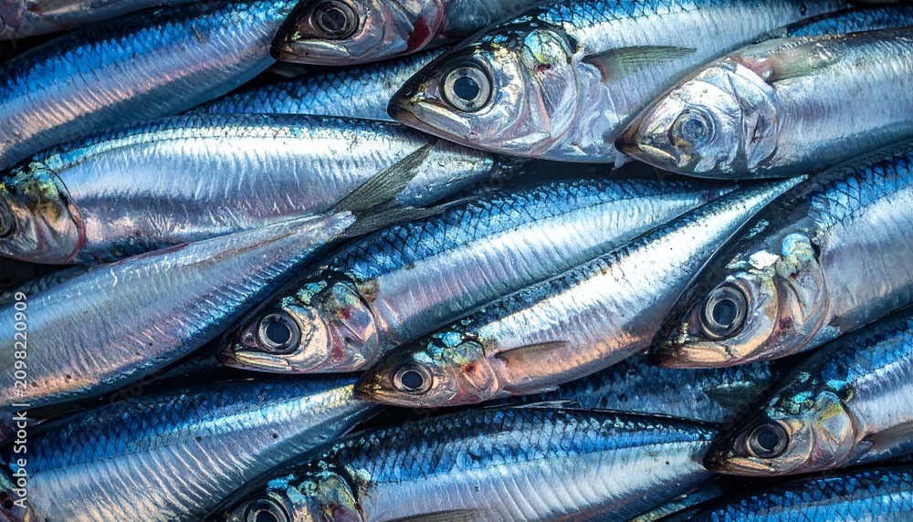 Fototapeta premium Close-up of Fresh Sardines with Silver Scales, Raw Seafood Texture Background