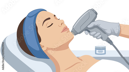 Woman receiving laser facial treatment from a gloved hand in a clinical setting