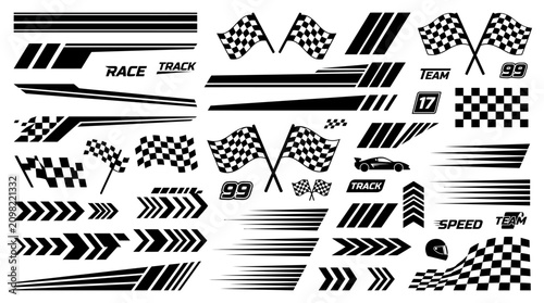 Flat lay of various racing decals and stickers on a white background