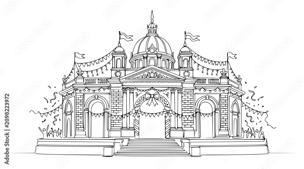 Obraz premium Ornate Building Facade with Flags and Bunting - Hand-Drawn Sketch
