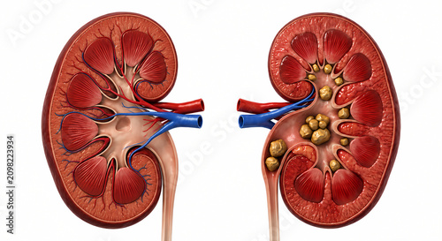 Healthy kidney versus kidney with stones comparison illustration