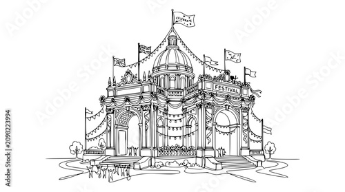 Fotografija Ornate Pavilion with Flags and Bunting, Sketch Style, White Background
