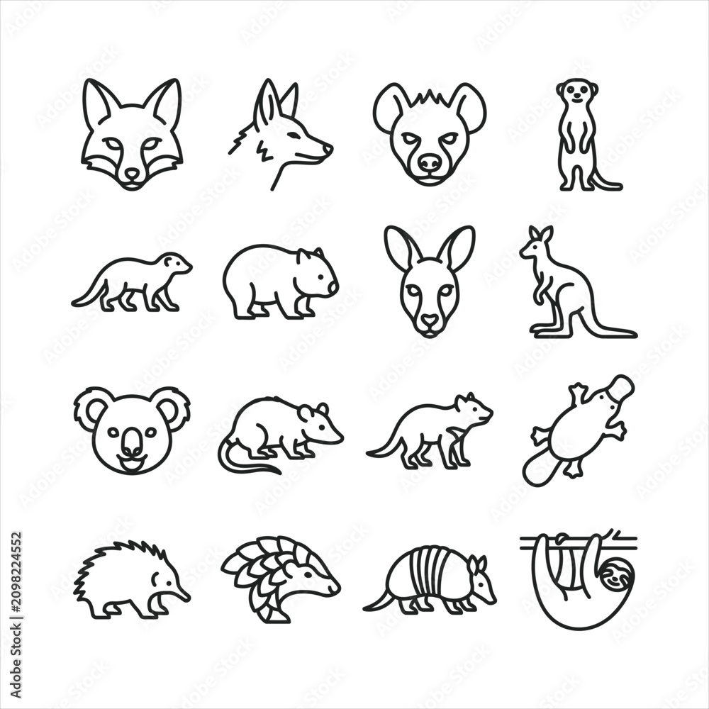Fototapeta premium Minimalist black and white line art vector icons of wild animals.