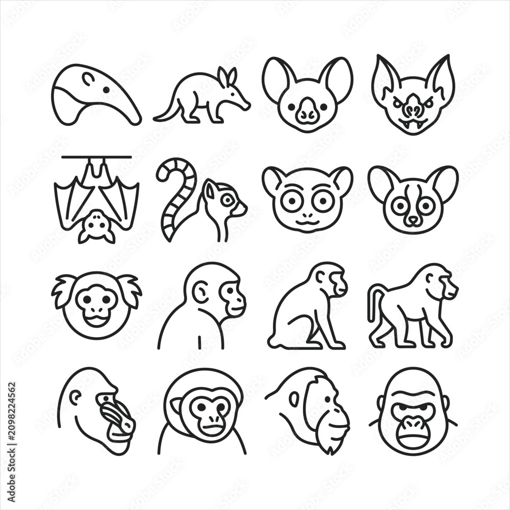 Obraz premium Minimalist black line vector icon set of primates and wild mammals