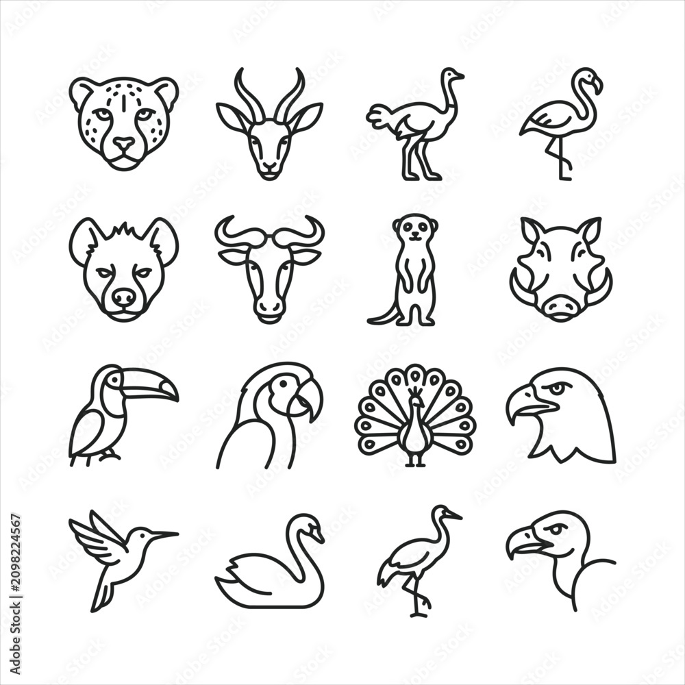 Obraz premium Minimalist vector line art icons of wild animals and birds