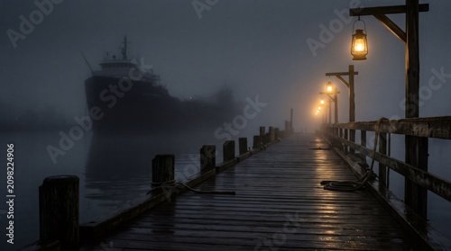Cinematic View of a Large Ship in Thick Fog at a Wooden Pier with Glowing Lanterns