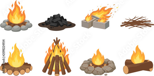 Campfire and Bonfire Vector Set Featuring Diverse Wood Piles Cinder Block Fire Pit Charcoal Mound Kindling and Stone Ring Elements for Outdoor Camping Designs