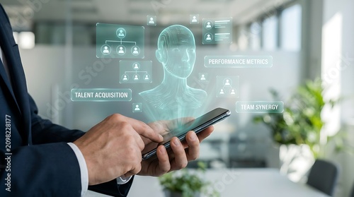 Human resources technology hologram interfaces with smartphone for talent acquisition and team synergy