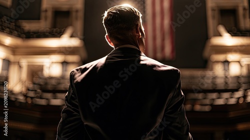 Man in suit facing away from camera, large flag behind him, ornate hall