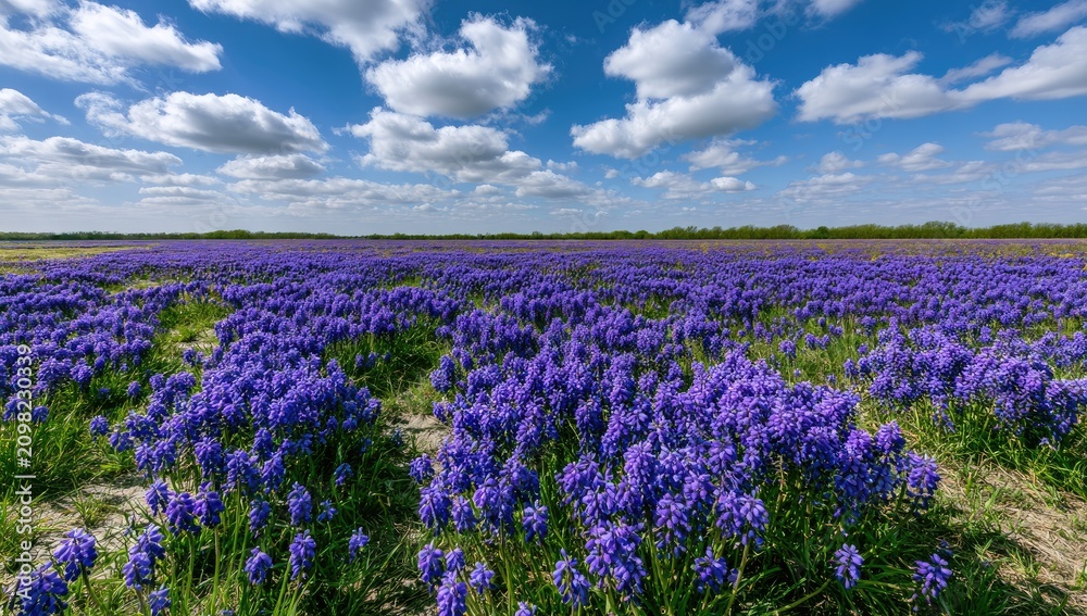 Obraz premium Vast field of blooming blue flowers under a bright, cloudy sky