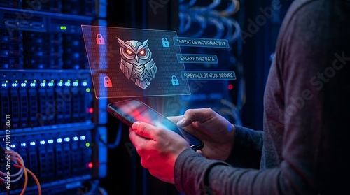 Cybersecurity analyst monitoring network security with owl AI interface in server room