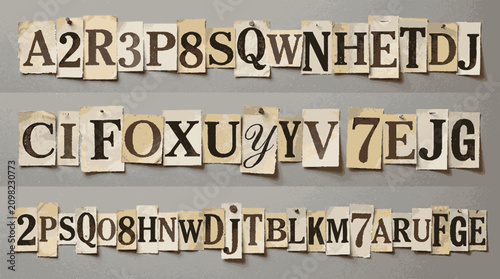 Collage of ransom note style cutout letters and numbers arranged on a neutral gray surface for creative typographic design projects