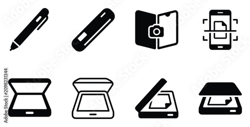 Minimalist portable scanner icon variations set, premium vector line art bundle for digital marketing, clean geometric horizontal scanners graphic designs for creative branding projects isolat