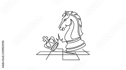 фотографія Chess knight attacking king, continuous line drawing, strategy and victory conce