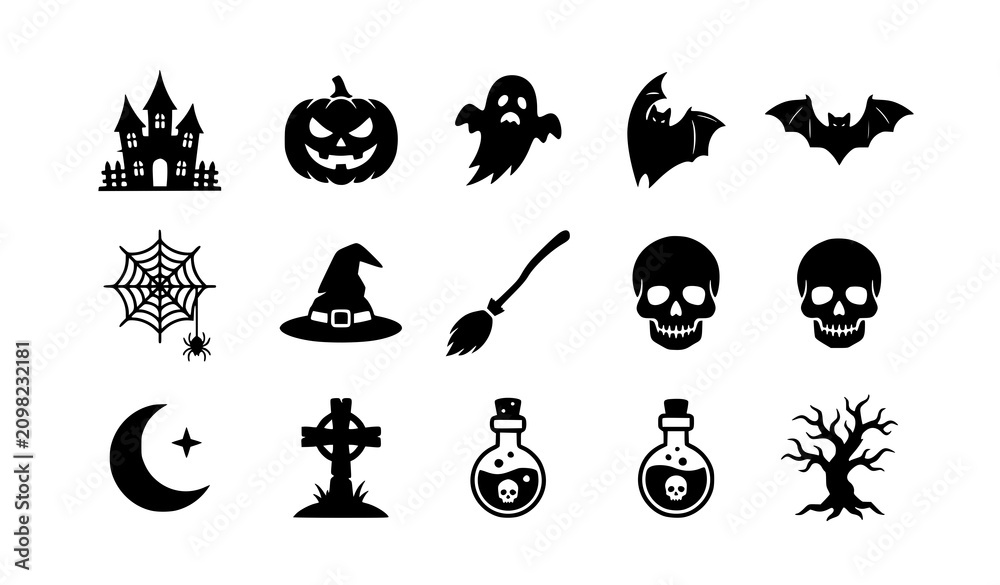 Fototapeta premium Halloween vector silhouette spooky icon set with haunted house pumpkin ghost bat and witch symbols