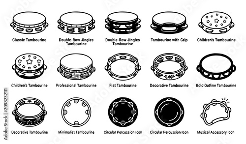Fotografie Twelve Tambourine Icons Bundle Classic Professional Decorative Minimalist Childr
