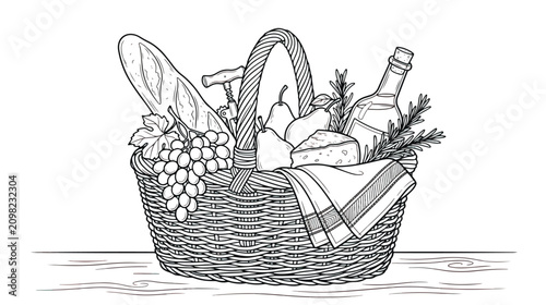 Obraz na płótnie Vintage picnic basket line art, hand drawn wicker hamper with wine and baguette,