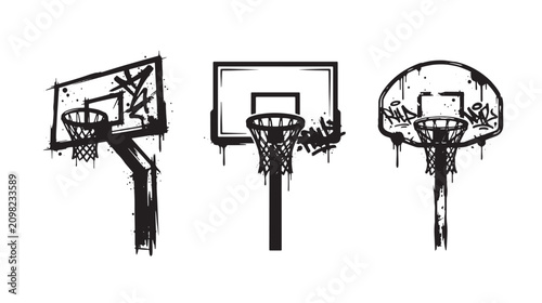 Three basketball hoop backboard sets with graffiti tags and ink drip effects isolated on a white background