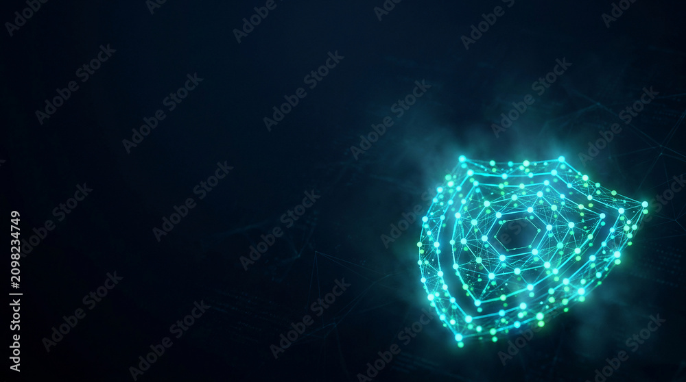Naklejka premium Abstract cloud computing network security concept with glowing digital shield icon representing cyber data protection on dark background