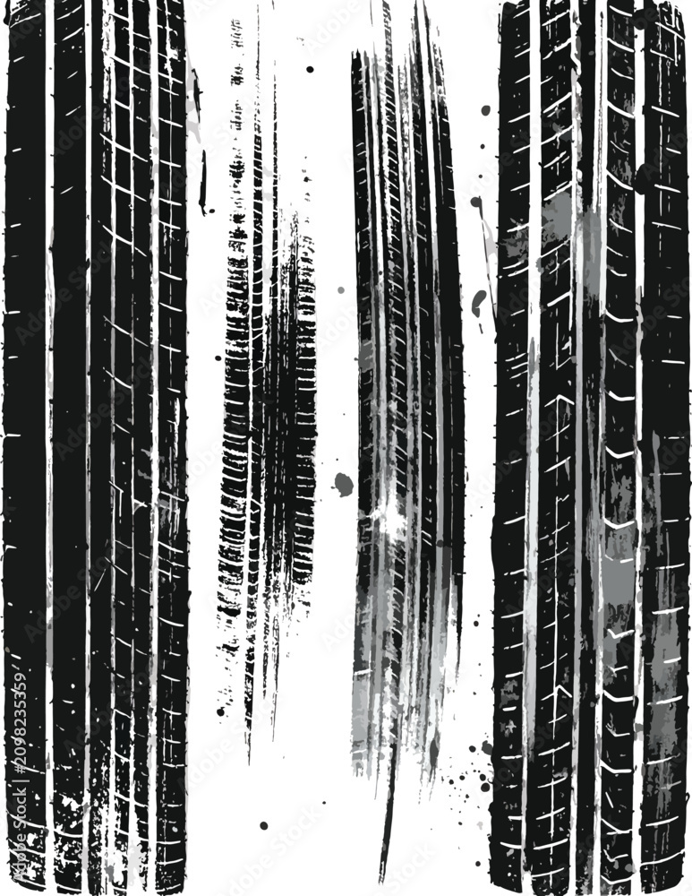 Obraz premium Distressed grunge tire track texture overlay, dirty street marks and car imprint pattern for gritty urban design, rough asphalt elements