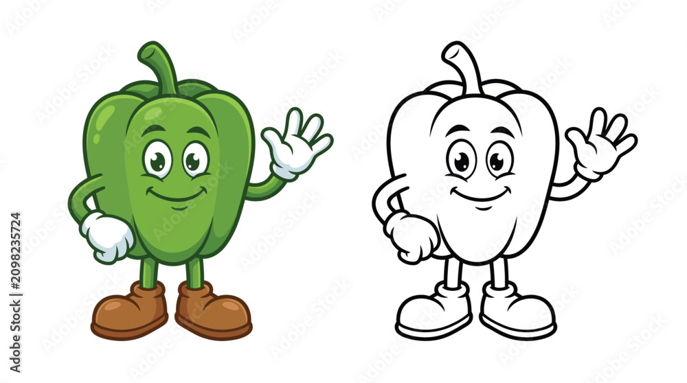 Obraz premium Green Bell Pepper Cartoon Character Coloring Page for Kids Activity Book Illustration