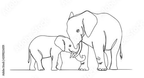 Фотография Mother and baby elephant, continuous line drawing, minimalist, white background