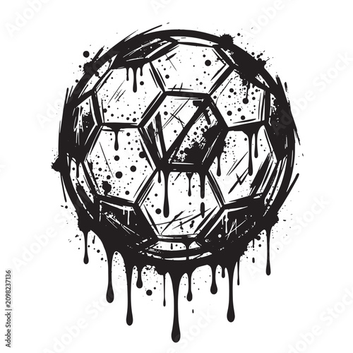 Graffiti black and white ink of a soccer ball with heavy paint drips and splatters, isolated on a clean white background, for sports themes